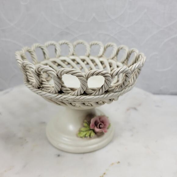 Vintage Capodimonte Pedestal Bowl 4.25" Pink Flower Woven Porcelain Basket - Picture 16 of 16